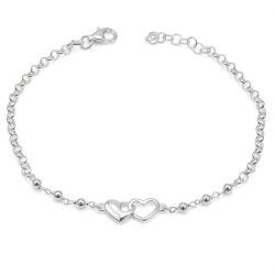 Pulsera 2 corazones entrelazados  y bolas de plata  | Regalo romántico para mujer