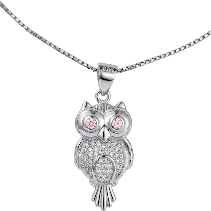 Colgante de Búho en Plata 925 con Piedras Rosas | Collar Elegante