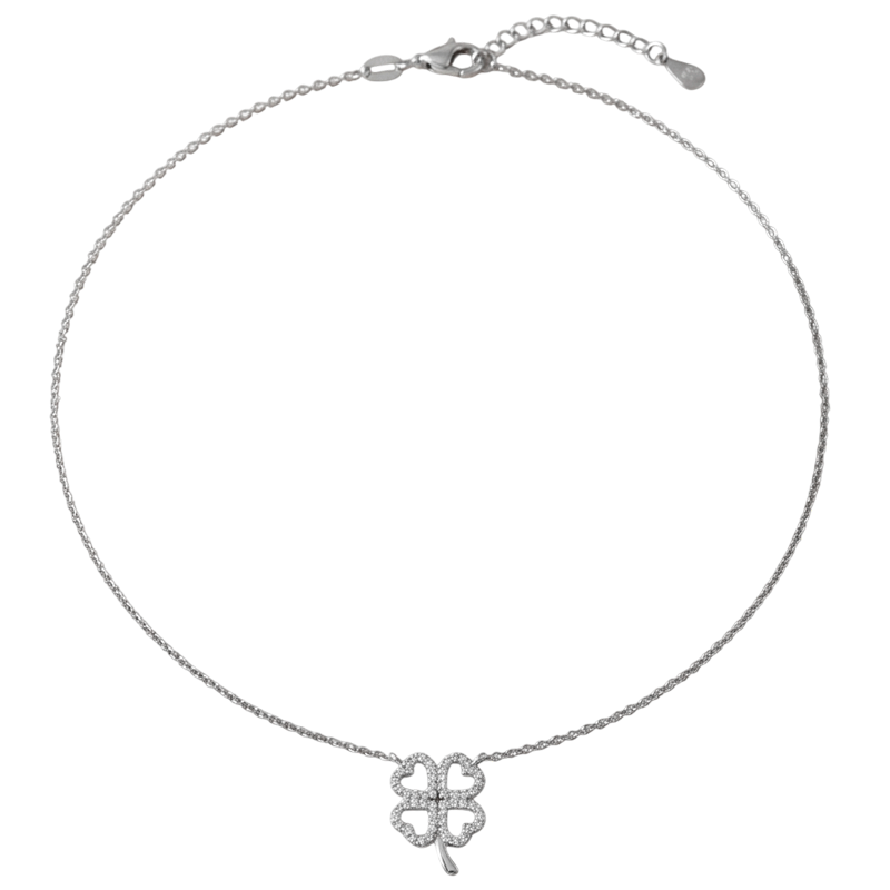 Gargantilla de plata con trébol y circonitas elegante